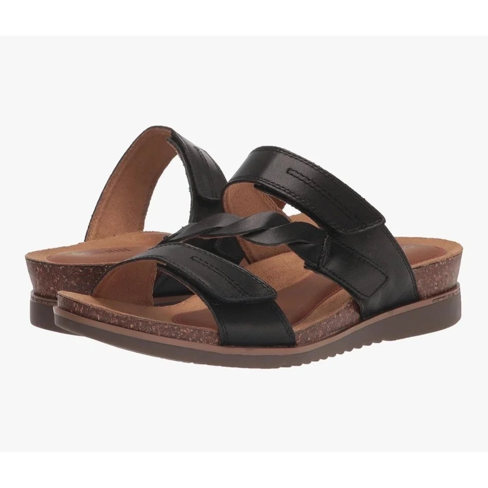 Cobb Hill Black Leather Braided Adjustable Cork Wedge Slide Sandals Womens‎ 8.5